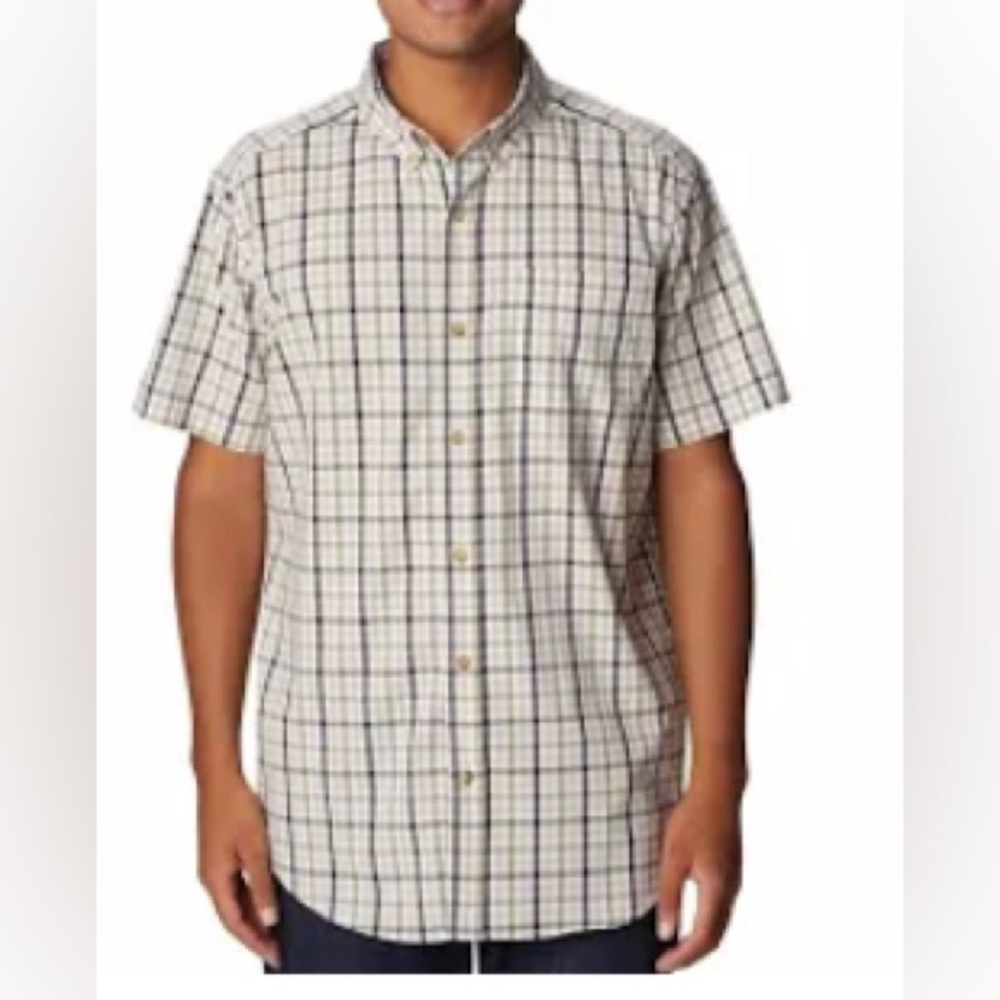 Columbia Cotton Sleeve Button-Down Plaid Cream Shirt M